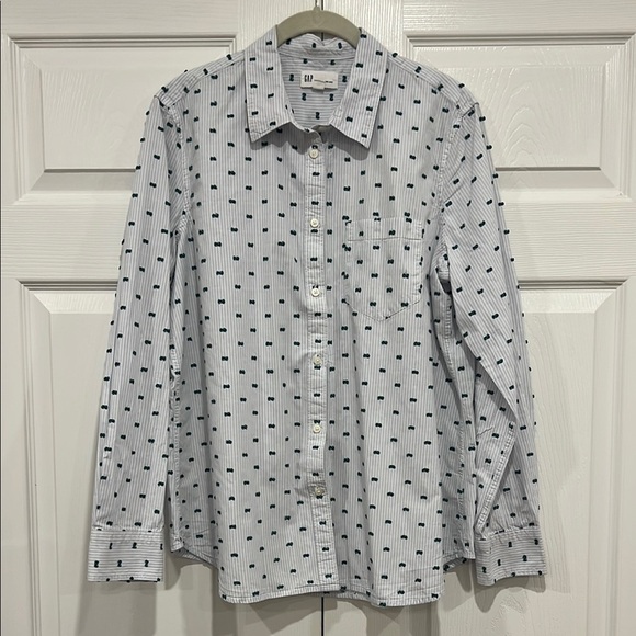 GAP FITTED BOYFRIEND SHIRT Blue White Stripes Green Navy Tufts Womens Size XL - Picture 1 of 6
